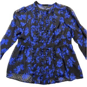 Torrid Blouse Womens 2 (18-20) Chiffon Clip Dot Ruffle Front Floral Roses Blue